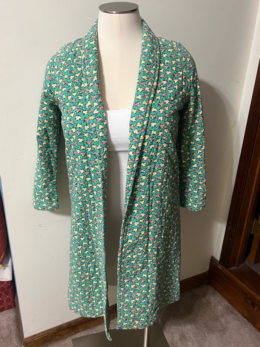 Handmade Boho Floral Duster Coat Green Lightweight Cardigan Cottagecore Unique M